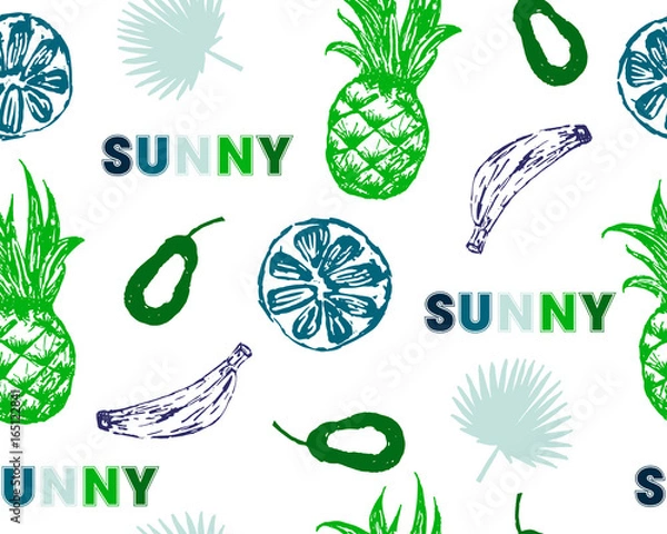 Fototapeta Vector fruits pattern. Avocado, lemon, pineapple, banana.