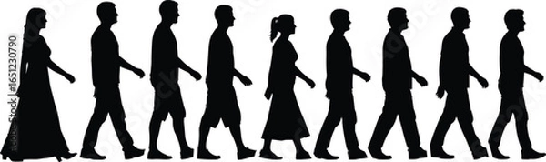 Fototapeta Walking people silhouettes vector illustration, men and women side view in casual outfits, walking poses clipart for crowd, pedestrian or social movement design