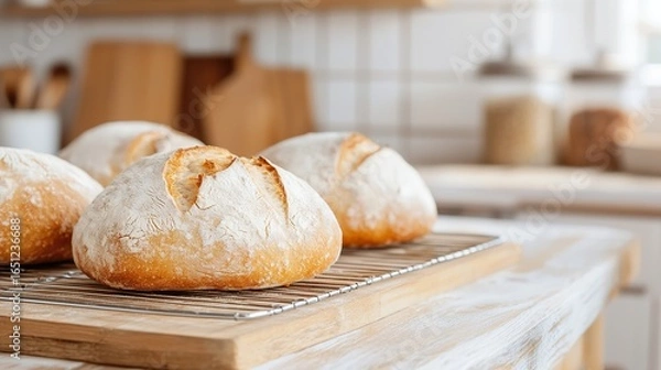 Fototapeta Freshly baked bread on a cooling rack, rustic kitchen, homemade, inviting