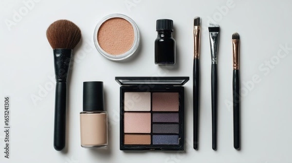 Obraz A flat lay of various makeup products including foundation, eyeshadow, blush, and brushes, showcasing an array of colors and tools for beauty enthusiasts.