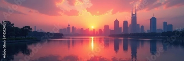 Obraz Empty square, Hangzhou sunrise, modern skyline reflection , commercial, dawn, skyline