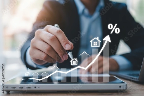 Fototapeta Rising Real Estate Market Analysis Showing Increasing Property Values with Digital Data Visualization and Businessman Evaluating Investment Opportunities for Financial Growth