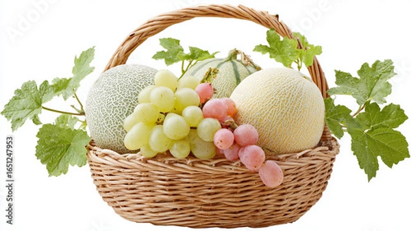 Fototapeta Fresh melons and grapes arranged in wicker basket with green leaves, showcasing colorful and healthy fruit display. image highlights natural produce with vibrant colors and textures