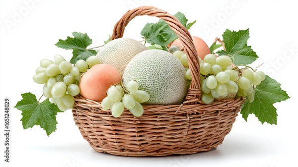Fototapeta Fresh fruits in wicker basket including melons grapes and peaches with green leaves on white background vibrant and healthy perfect for summer or harvest themes