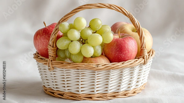 Fototapeta Small fruit basket filled with apples and grapes on soft fabric surface with neutral background, evoking freshness and natural beauty, perfect for healthy eating or gift ideas