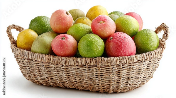 Fototapeta Image shows woven basket filled with variety of fresh, colorful fruits including apples, limes, and lemons, creating vibrant and appealing display of healthy produce