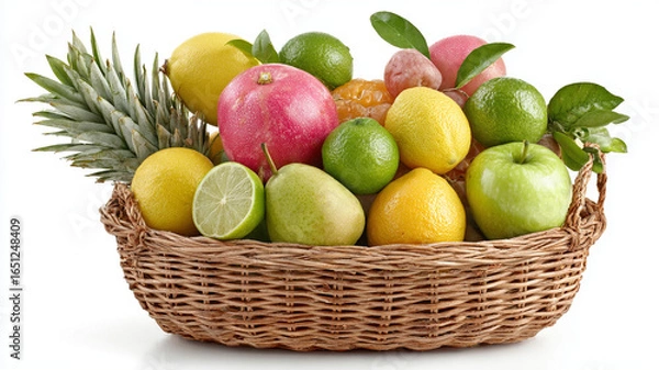 Fototapeta Fresh tropical fruits including pineapple apple lemon lime pear orange pomegranate and grapes arranged woven basket showcasing vibrant colors and natural textures perfect for healthy eating
