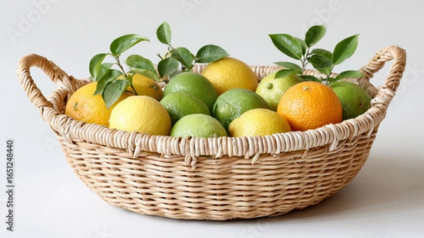 Fototapeta Basket filled with fresh citrus fruits including lemons, limes, and oranges, with green leaves, on white surface and background, evoking freshness and natural beauty