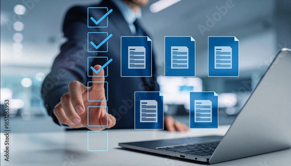 Fototapeta ビジネスマンがチェックボックスをタッチ、タッチパネルを指でタッチするポーズ