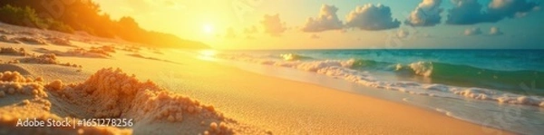 Fototapeta Golden sand shimmering under summer sun's rays, background, grains