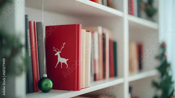 Fototapeta Red book with deer design and green ornament on a bookshelf