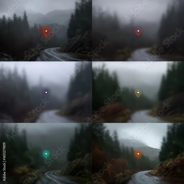 Fototapeta Location markers displayed over a blurred landscape.