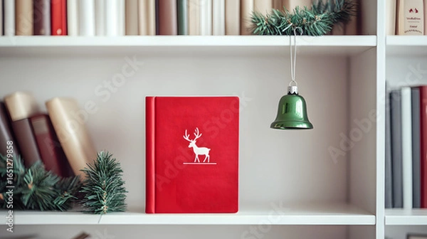 Fototapeta Red book with deer design and green ornament on a bookshelf