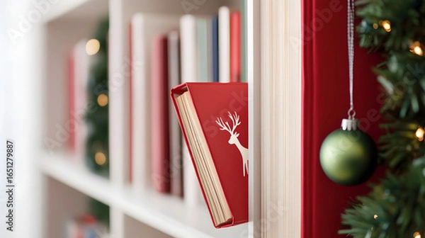 Fototapeta Red book with deer design and green ornament on a bookshelf