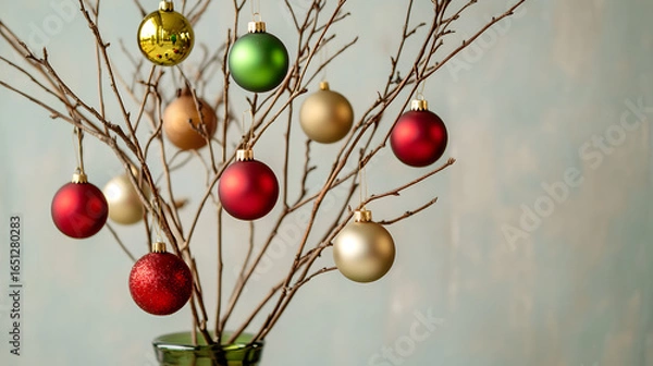Fototapeta Decorative branches with red, green, and gold ornaments against a softly lit background