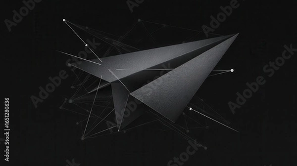 Fototapeta Dark grey paper airplane with interconnected lines.