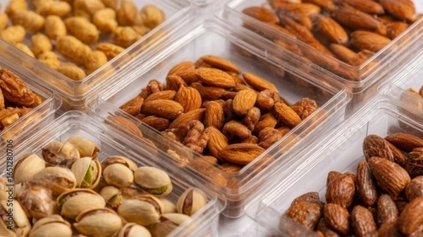 Fototapeta Transparent plastic boxes filled with nuts and dried fruit in retail food packaging and storage concept
