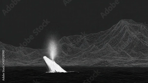 Fototapeta Whale surfacing in a stylized landscape of wire-frame mountains.