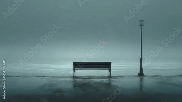 Fototapeta Empty bench and lamppost on a misty shoreline.