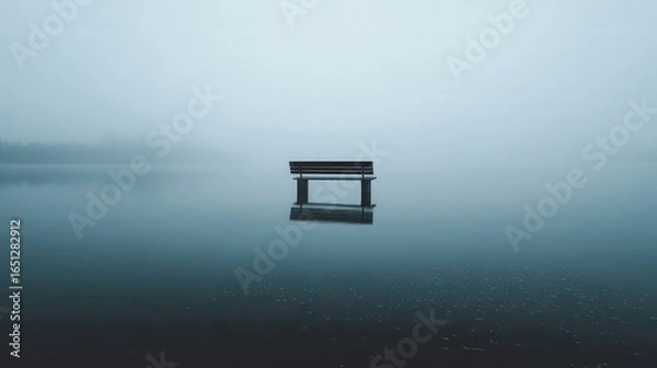 Fototapeta A solitary park bench reflects in a still lake shrouded in mist.