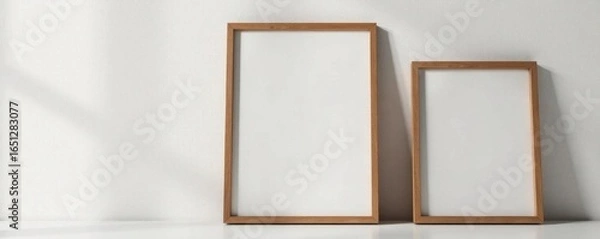 Fototapeta Set of three different sized wooden frames against textured wall, room, home staging