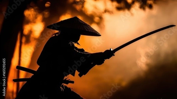 Fototapeta Silhouette of a samurai in action against a fiery backdrop.