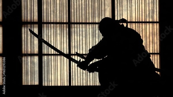 Fototapeta Silhouette of a person holding a sword against a window.