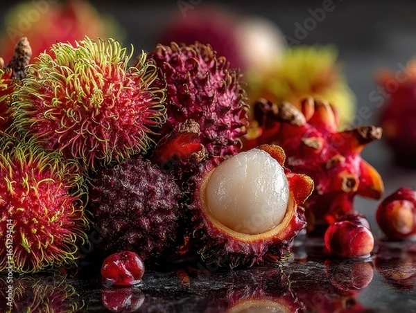 Fototapeta Close-up of fresh colorful rambutans and lychees on dark reflective surface with vibrant natural lighting