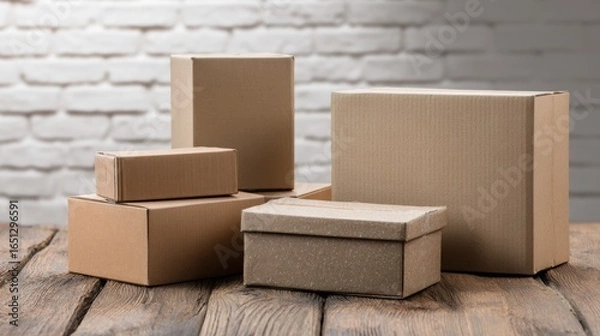 Fototapeta Stacked cardboard boxes on wooden floor for shipping packaging product photography e-commerce branding logistics storage visuals clean composition