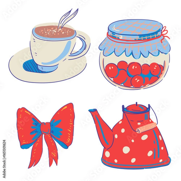 Fototapeta Cartoon set of tea cups and teapot, cozy objects