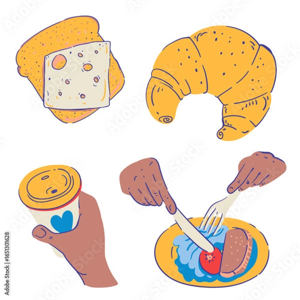 Fototapeta Hand drawn vector illustration of a croissant, breakfast and coffee in a hand