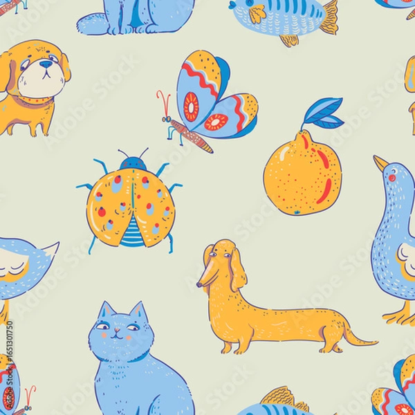 Fototapeta Summer seamless pattern with cats and birds, fish and fruits