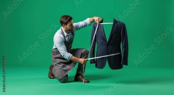 Fototapeta Talented tailor meticulously measuring a stylish suit jacket for bespoke tailoring on vibrant green backdrop