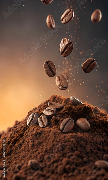 Fototapeta Roasted coffee beans falling onto a pile of coffee grounds