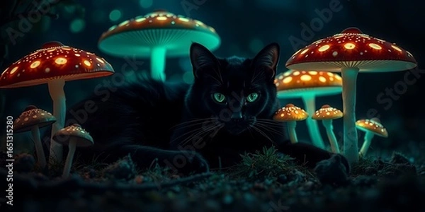 Fototapeta Black cat with glowing green eyes rests among illuminated spotted mushrooms in a dark forest
