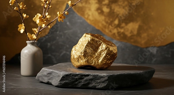 Fototapeta Golden nugget resting on a stone slab with minimalist floral accent, evoking wealth and serene