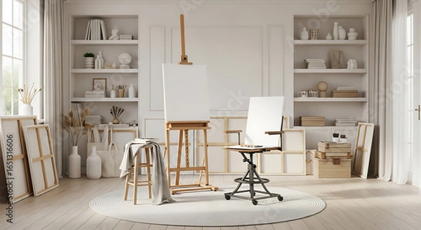 Fototapeta Inspiring art studio setup with bright natural light and painting equipment creates a serene