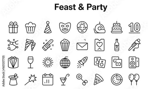 Fototapeta Set of 30 minimalist feast and party icons including gifts, cake, wine, balloons, fireworks, disco, pizza, cocktail, music, and celebration symbols