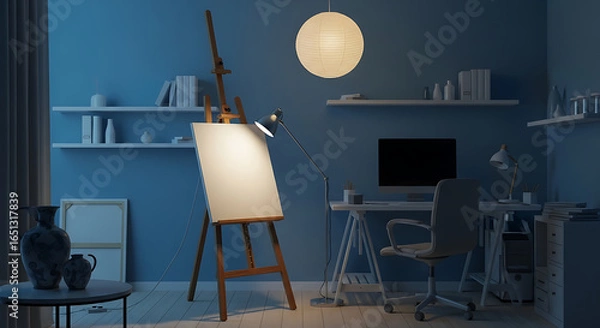 Fototapeta An artist's studio illuminated under the soft glow of a paper lantern in a tranquil ambiance