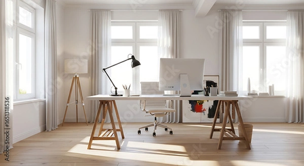 Fototapeta Brightly Lit Home Office with Modern Minimalist Design and Window Views for Focus