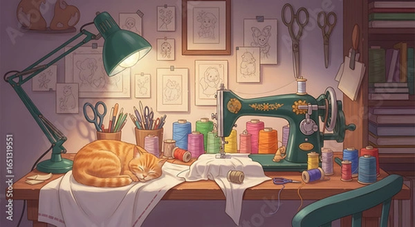 Fototapeta Cozy sewing room scene featuring a vintage machine, colorful threads, and a sleeping cat bathed in
