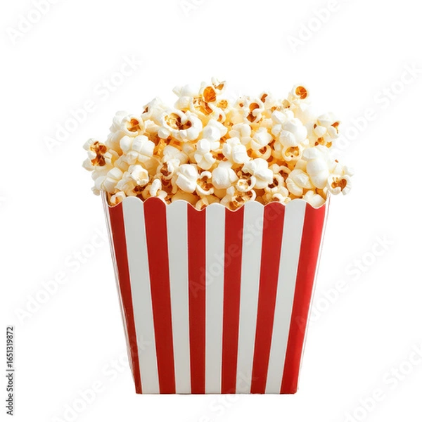 Fototapeta popcorn in a striped box on a wooden floor, striped box filled with popcorn sits on a wooden floor, isolated on transparent background