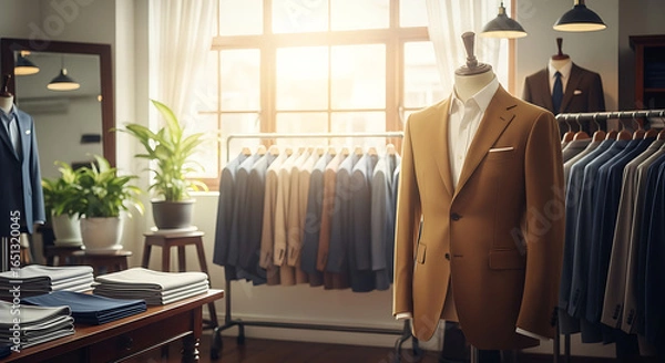 Fototapeta Elegant tailored suits displayed in a brightly lit bespoke atelier showcasing craftsmanship and