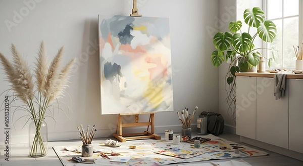 Fototapeta Artistic serenity: An artist's space with a canvas, brushes, and a touch of nature's calm