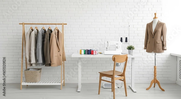Fototapeta Serene atelier setup with sewing machine, garments and vibrant sewing threads display crafting