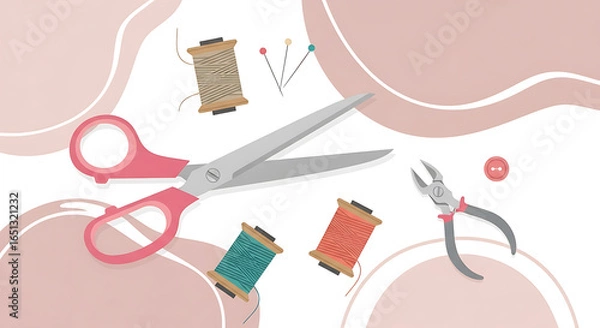 Fototapeta Pastel sewing tools arrangement illustrating crafting design projects and hobbies in flat style