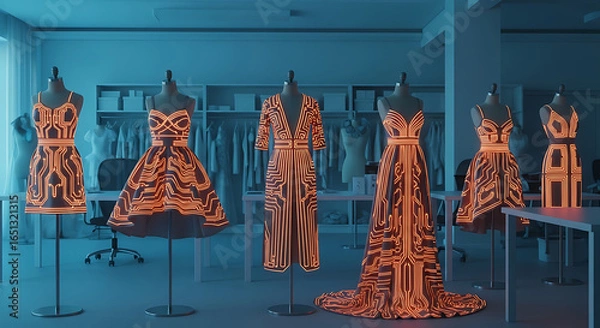 Fototapeta Futuristic haute couture: luminous circuit pattern dresses for the digital age, showcasing