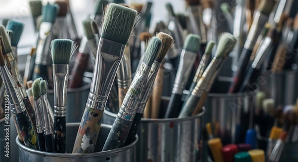 Fototapeta Assortment of artist's paintbrushes arranged in metal containers in a studio setting for artistic
