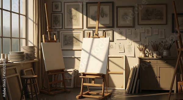 Fototapeta Sunlit artist's studio with easels and blank canvases inviting creative expression and artistic