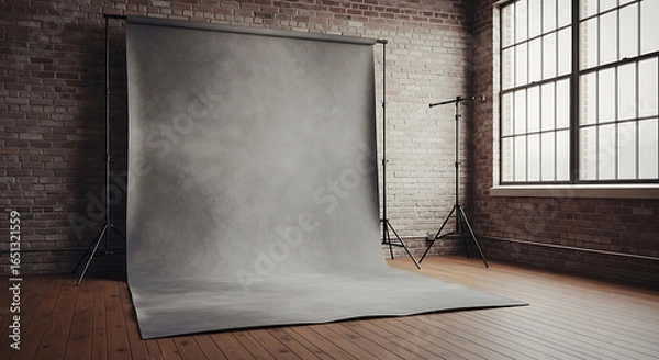 Fototapeta An Interior photographic studio setup featuring a gray backdrop against a rustic brick wall
